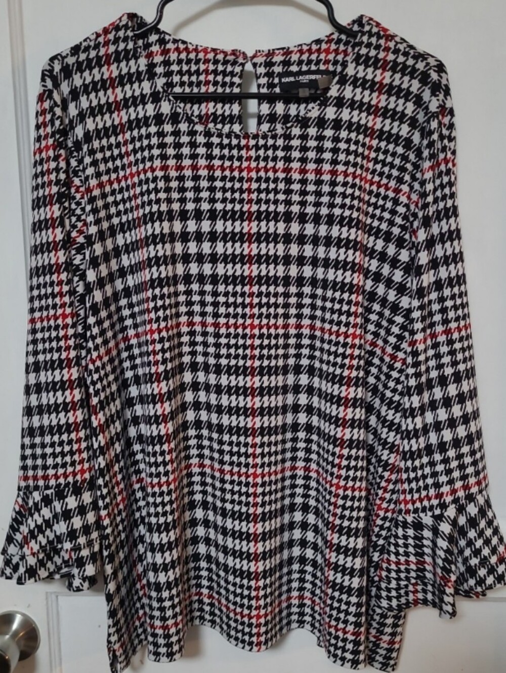 Karl Lagerfeld Paris Black, White & Red Plaid Houndstooth Ruffle Blouse XL